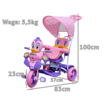 3-kołowy Rowerek dla dzieci Kaczka Fioletowy + Dźwięki + Daszek + Barierka + Podnóżek + Rączka + Płozy + Schowek